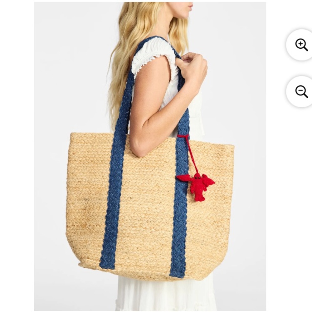 🦞Beach Icons Large Woven Jute Tote Bag "Natural/Blue bag with red lobster Charm